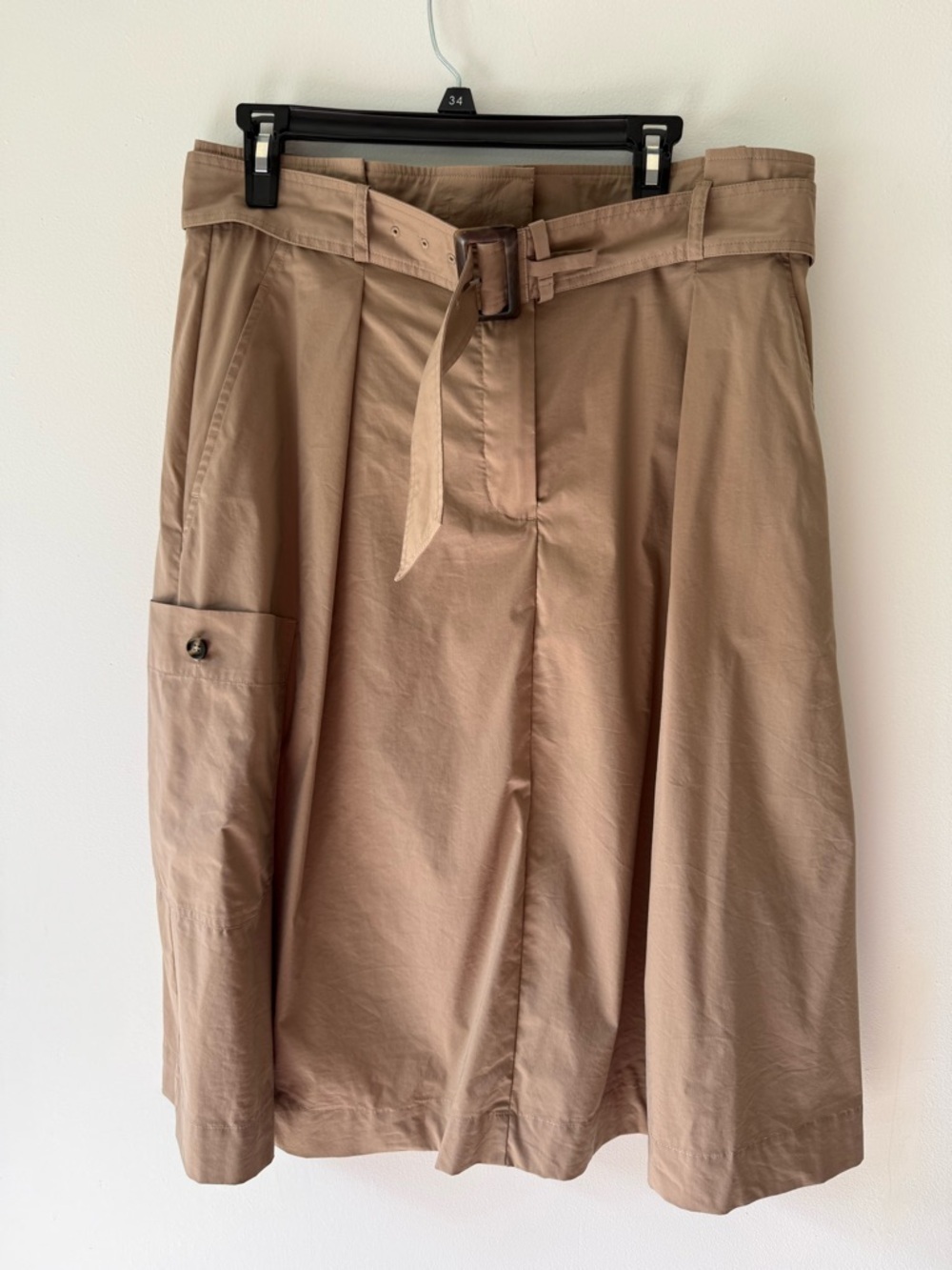 Madeleine Tan Belted Midi Skirt Linen Cotton Blend Pleated Size 10/12